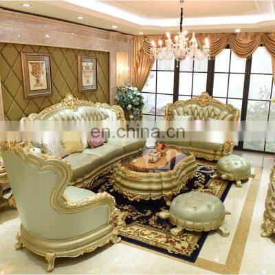 Wooden Structure European Style Living Room Sofa Set Furniture Antique Leather Sofa