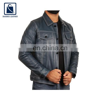 Contrast Matching Unique Design Fashion Designer Men Genuine Leather Jacket Manufacturer