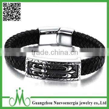 Men's Wide Black Leather Braided Cross Silver Tone Stainless Steel Bracelet