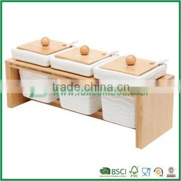 Set of 3 White Ceramic Condiment Pots / Spice Serving Jars With Serving Spoons & Bamboo Stand photo-4
