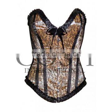 Overbust steel boned corset in beige satin with black mesh Ci-1126