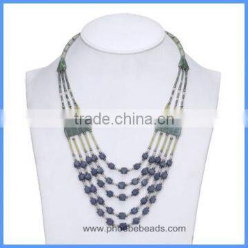 Handmade Luxury Customize Women Multi-strands Lapis Lazuli And Metal Beads Semi Precious Gemstone Long Necklaces GN-DQ003