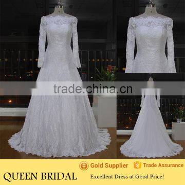 Real Works Lace Boat Neck Long Sleeve Wedding Dress for Sale Online 2016                        
                                                Quality Choice