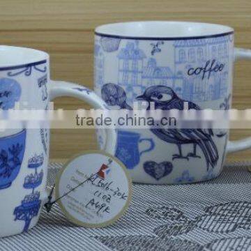 11OZ bird drawing design full decal print tea cups, shiny surface porcelain mug, KL5016-304