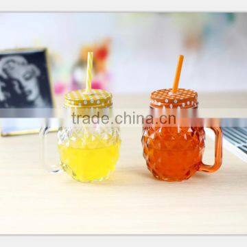 Glass pineapple mason jar with handle and straw and lid for wholesale