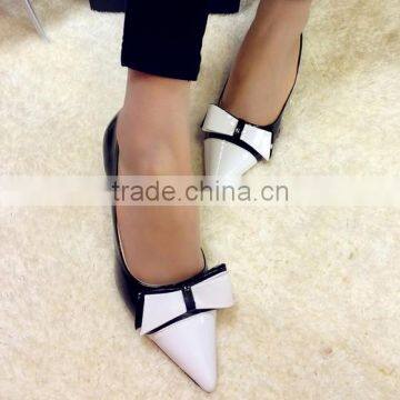 New Fashion Genuine Leather Dress Shoes High Heel Shoes Black & White Pointed Toe Bow Fashion Pumps CP6671