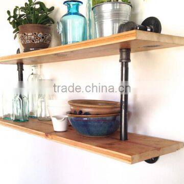 Industrial Water Pipe Wood Bathroom Wall Shelf With Hooks photo-3