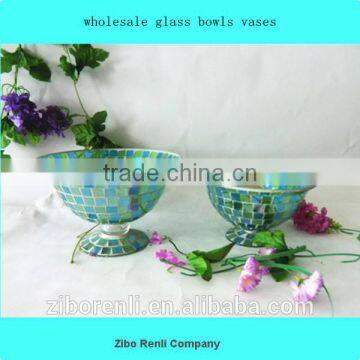 Table Decor Green Blue Mosaic Large Round Blown Vase Wholesale Glass Bowls Vases