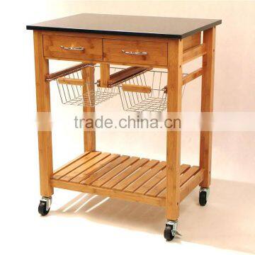 Hot sale bamboo kitchen trolley design with basket and wheels