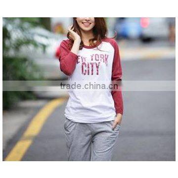 Women tshirts 3/4 sleeve raglan baseball, 100% cotton, sreen printing