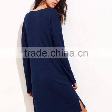 Navy Drop Shoulder Long Sleeve Side Slit Dress Polyester Spandex Casual Plain V Neck Short Dress photo-3