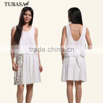 Ladies Fashion Chiffon Skirt Silver Sequins Decoration White Women Short Skirt