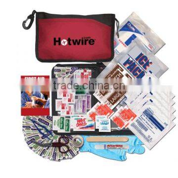 First Aid Kit - has ice pack, tweezers, bandages, gauze pads, scissors, ointment, antiseptic swabs and comes with your logo