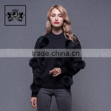 2017 Hand made korean woollen cashmere sweater for ladies with fox fur pom pom