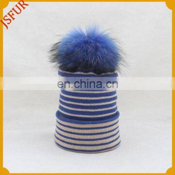 High Quality Raccoon Fur Pom Pom Five Colour Knitted Stripe Hat