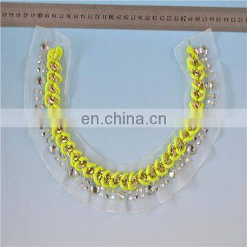acrylic stones beaded neck design/neck trim with metal and plastic chain on mesh