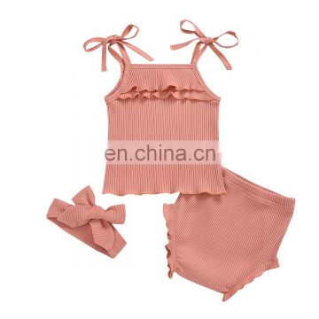 Baby Girls Knitted Clothes Straps Sleeveless Ruffled Vest Top Bloomer Shorts Headband Summer 3Pcs Outfits