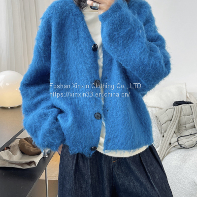 Hair sense sweater winter new Korean version of lazy V-turtleneck sweater cardigan loose wool soft waxy warm knit coat female