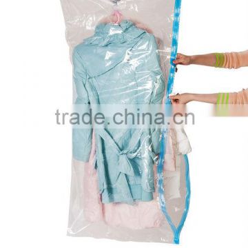 vacuum hanging bag with the hanger at the top for dresses suits and long coats