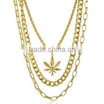 Goldtone Layered Adjustable Necklace With Marijuana Leaf Pendant