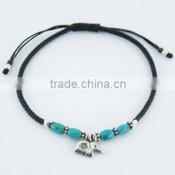 Macrame Bracelet Turquoise & Silver Flower Beads Cute Elephant