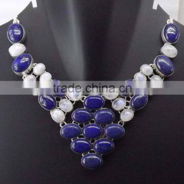 Rainbow Moonstone, Lapis Lazuli Necklace plated 925 Sterling Silver 84 Gms 18-20 Inches