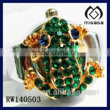 2014 latest design fashionable cheap frog watch ring green rhinestone frog watch ring