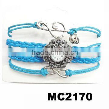 cute antique musical themed skull charm leather cord bracelet watch