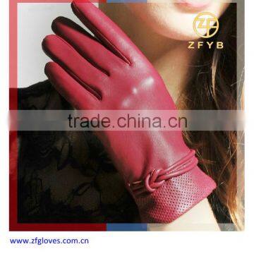 Ladies winter red soft leather hand gloves with Knot adornment gloves