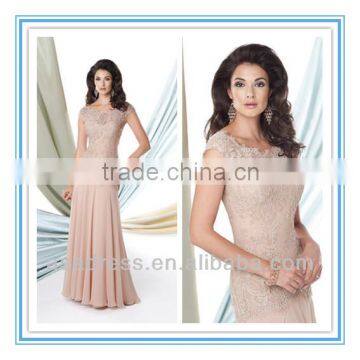Lace Cap Sleeves Hand-Beaded Lace Overlay with Scalloped Bateau Neckline Chiffon A-Line Mother of the Bride Dress (MOMO-3045)