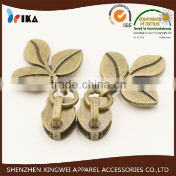 decorating leaf antique copper metal zipper slider for clothes