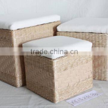 Set of 3 Natural Cattail Leaf and Paper String Handmaking Ottoman