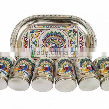 ROYAL PEACOCK DESIGNED STAINLESS STEEL MEENAKARI DECORATIVE TRAY - RP-1 SILVER (8.35" x 12.50" x 0.87" INCHES) photo-3