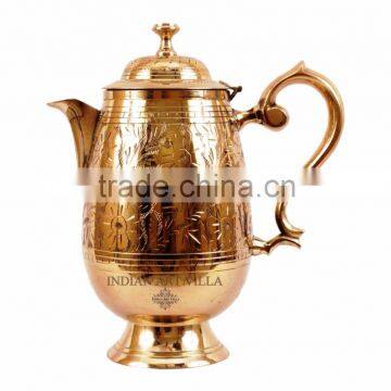 IndianArtVilla Designer Brass Jug Pitcher 1400 ML with Attached Lid - Serving Drinking Water Tableware Home Hotel Restaurant