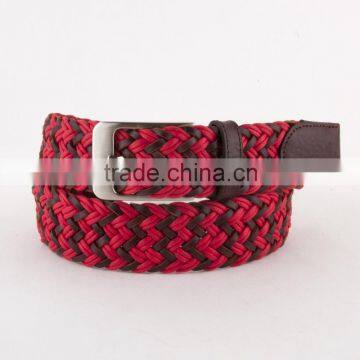 Brown Leather Red Cotton Mesh Weave Belt photo-6