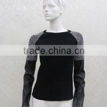 Women's Heavy Knitted Pullover With Leather Sleeve