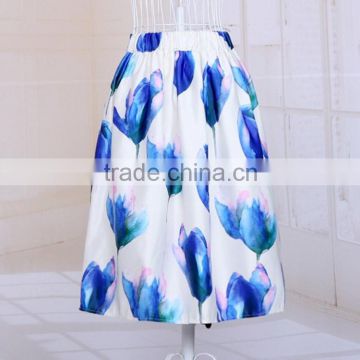 Women Fashion Retro Elegant Elastic High Waist Zipper Flower Print Pleated Midi Skirt