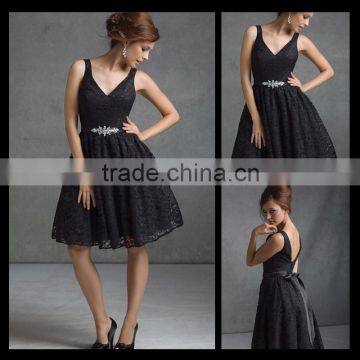 Hot sale 50% off V neck Diamond Black Knee Bridesmaid Dresses bm00033