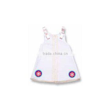 Customized girls infant white pique sleeveless dress with pink trim and ribbons on shoulders Factory Price Girls Dress