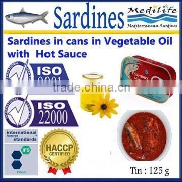 Sardines in cans in Vegetable Oil with Hot Sauce , High Quality Canned Sardines, Sardines in cans with Hot Sauce 125g