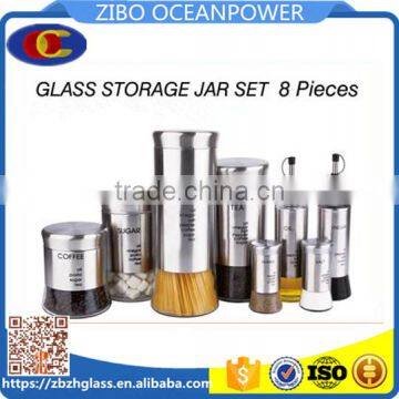 Set of 8 Glass Food Storage Canister set with stainless steel coat