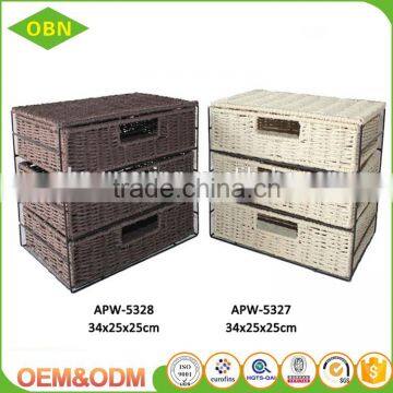 Fashionable and natural wicker Paper rope 3-Units handmade iron frame storage drawers