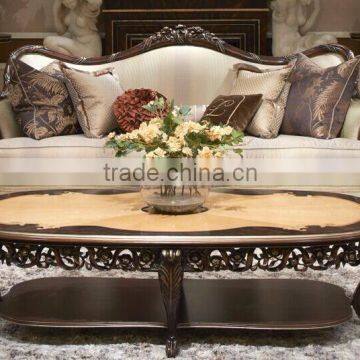 Elegant Stylish French Baroque Design Solid Wood Carving Floral Oval Coffee Table with Marquetry Inaly Table Top BF12-03284d