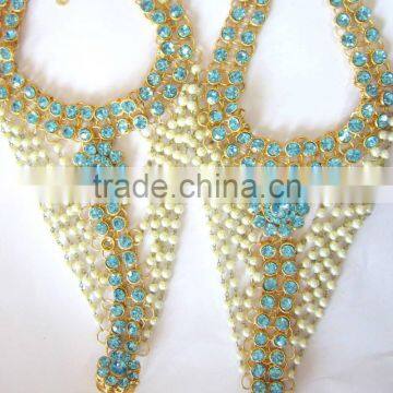 Gold Blue Crystal Pearl Anklets Toe Ring Barefoot Sandal PAYAL photo-2