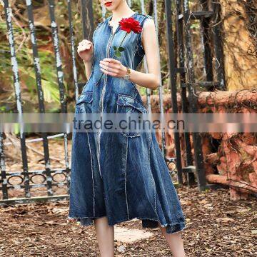 Maxnegio Midi Denim Sleeveless Design Jeans Dress photo-3