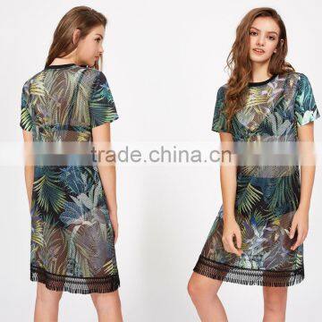 WOMEN Sexy Short Shirt Dress, Printed and Mesh Design Black Dress photo-6