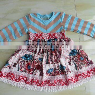 LY-107 Best Selling Girl Baby Ruffle Aztec Pattern Dress Elephant Printed Stripe Dress Kids Clothing