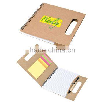 600grams kraft paper cover spiral winding cutout handle notebook notepad 70grams 70sheets 21*21cm with paper pen