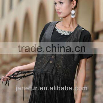 leather vest of sheep leather with long tassel,fashion leather vest,ladies leather gilet