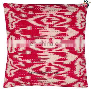 Indian Cushion Cover Handmade Embroided pillow case 16x16 Ikat Print Home Decor Sofa Kantha Cushion